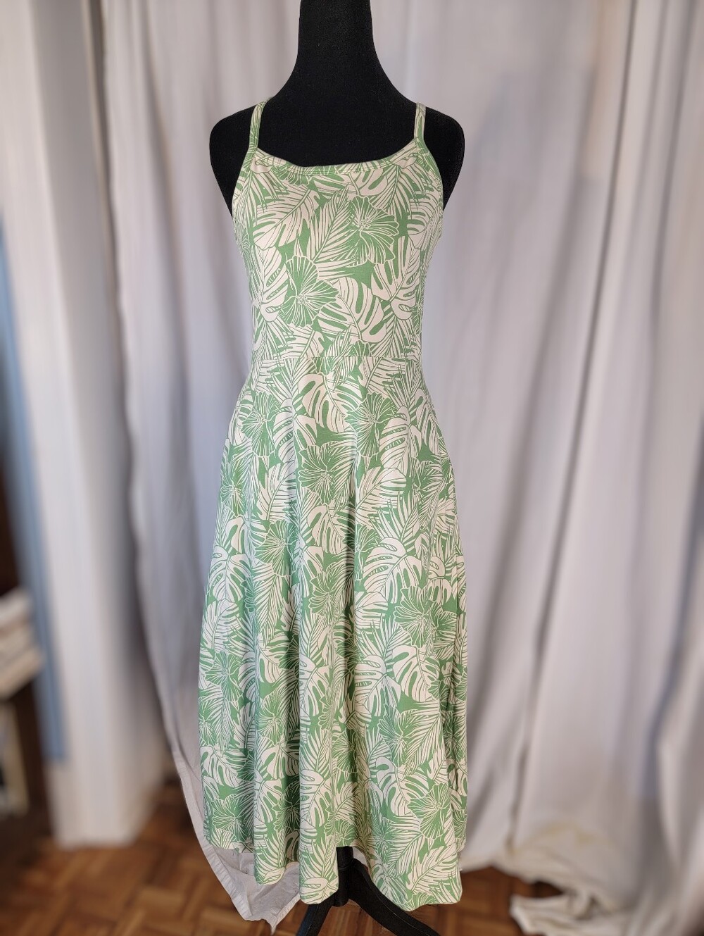 Pact Green and White Leaf-Print Midi Dress Organic Cotton M